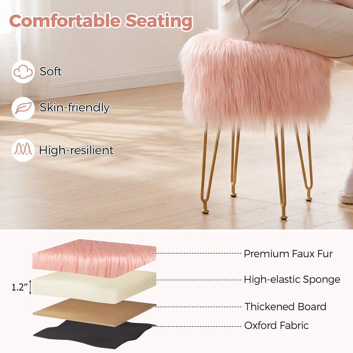 Faux Fur Vanity Stool Chair with Metal Legs for Bedroom and Living Room-Pink view 8