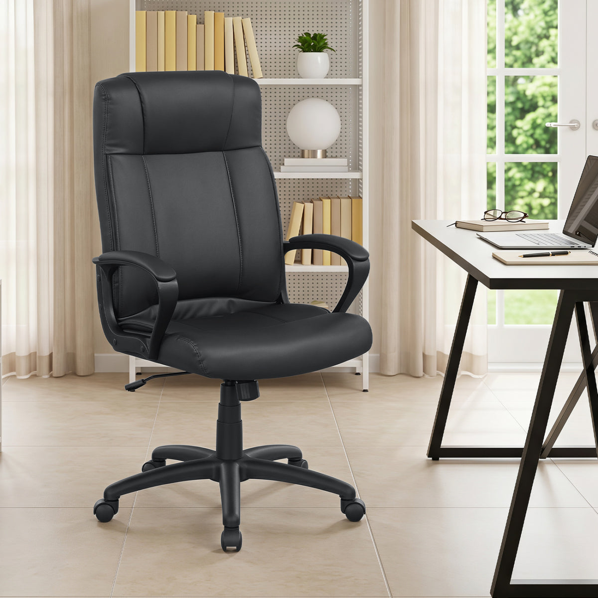 Faux Leather Office Chair Computer Desk Chair with Rocking Function-Black view 2