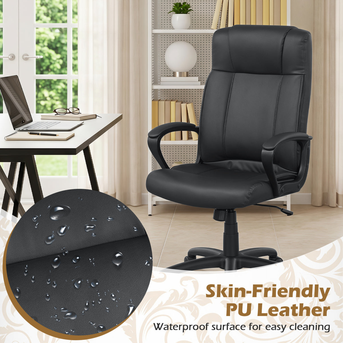 Faux Leather Office Chair Computer Desk Chair with Rocking Function-Black view 5