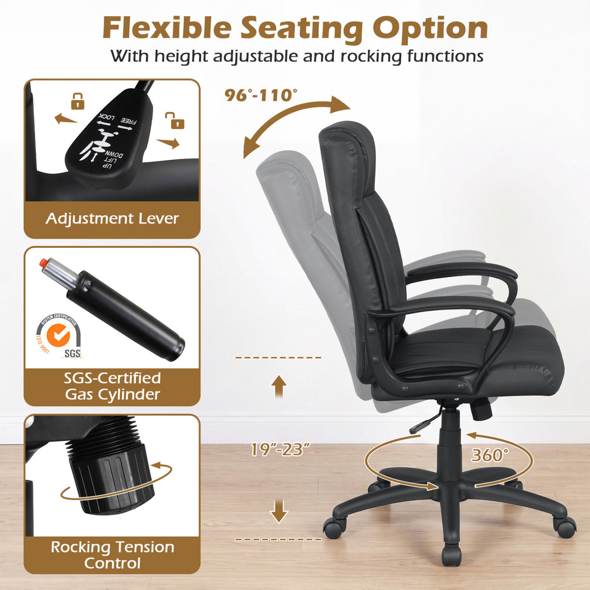 Faux Leather Office Chair Computer Desk Chair with Rocking Function-Black view 7