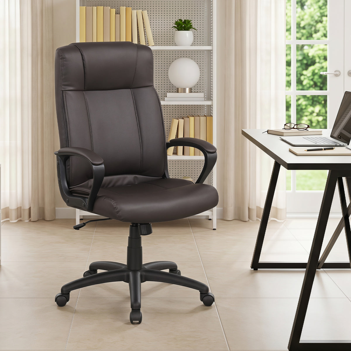 Faux Leather Office Chair Computer Desk Chair with Rocking Function-Brown view 2