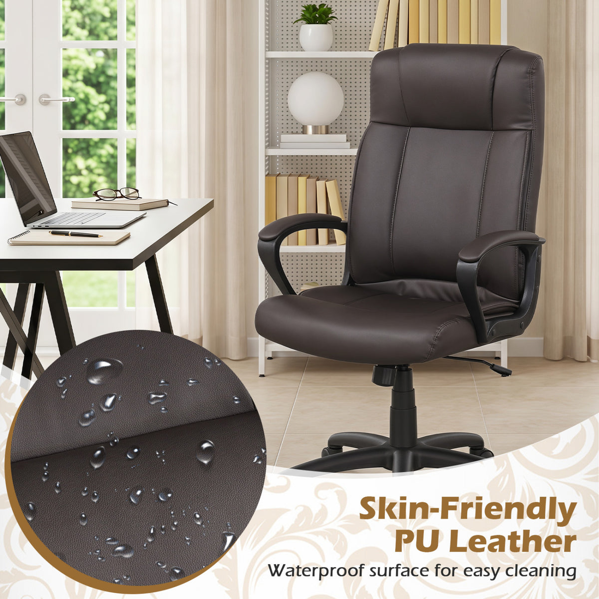 Faux Leather Office Chair Computer Desk Chair with Rocking Function-Brown view 5