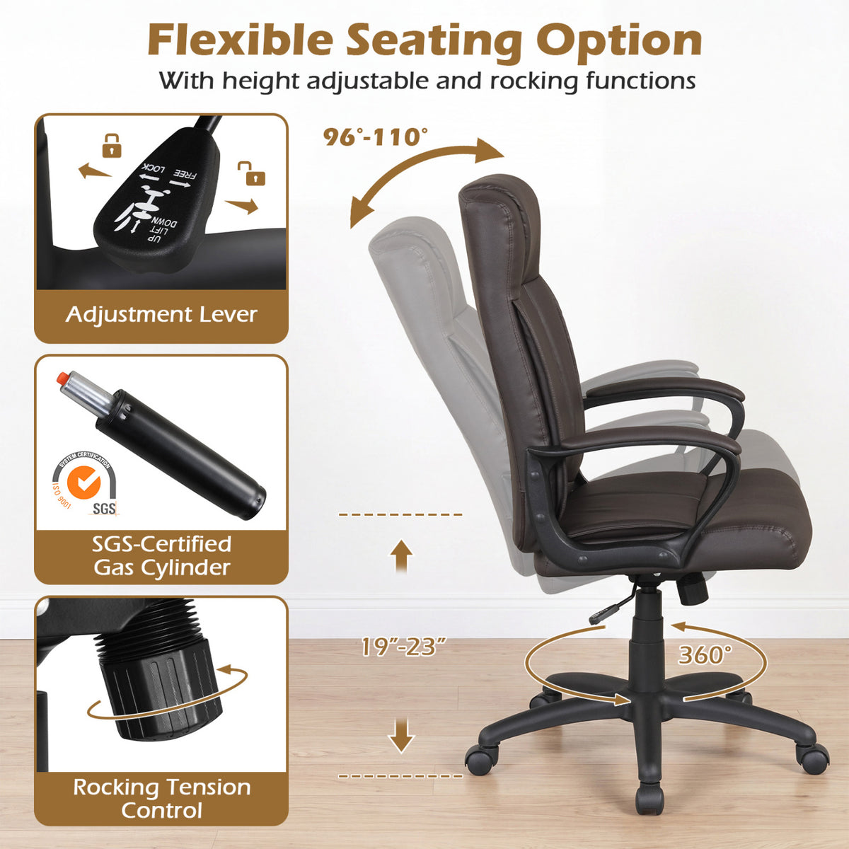 Faux Leather Office Chair Computer Desk Chair with Rocking Function-Brown view 7
