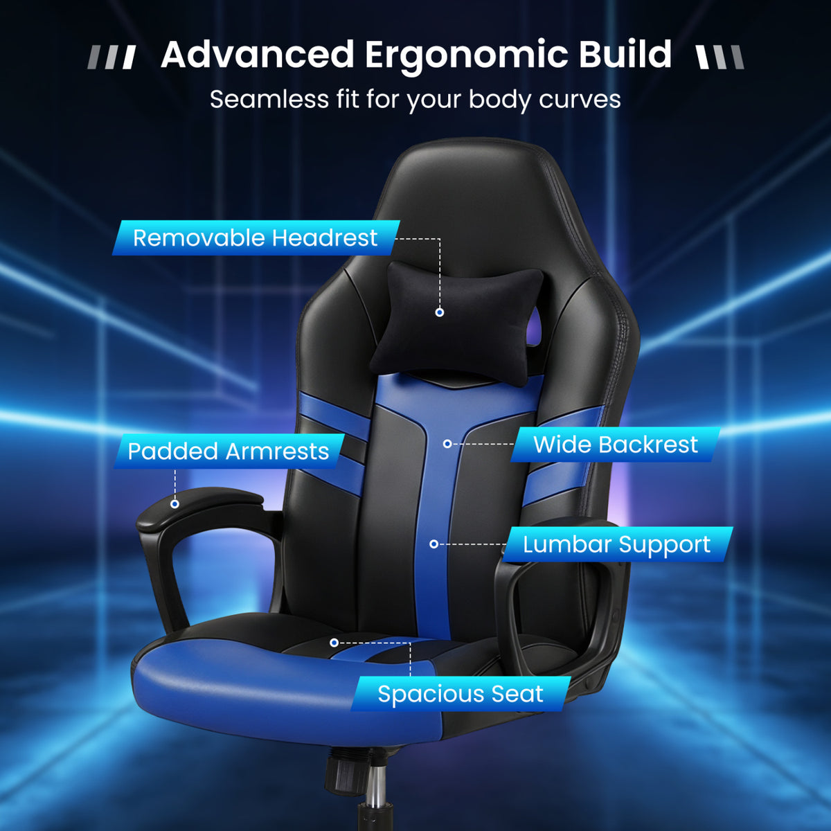 Faux Leather Upholstered Office Chair with Removable Head Pillow and Rocking Function-Blue view 8