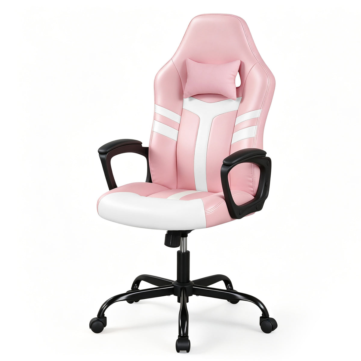 Faux Leather Upholstered Office Chair with Removable Head Pillow and Rocking Function-Pink