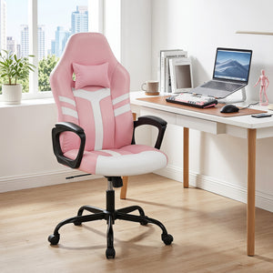 Faux Leather Upholstered Office Chair with Removable Head Pillow and Rocking Function-Pink view 2