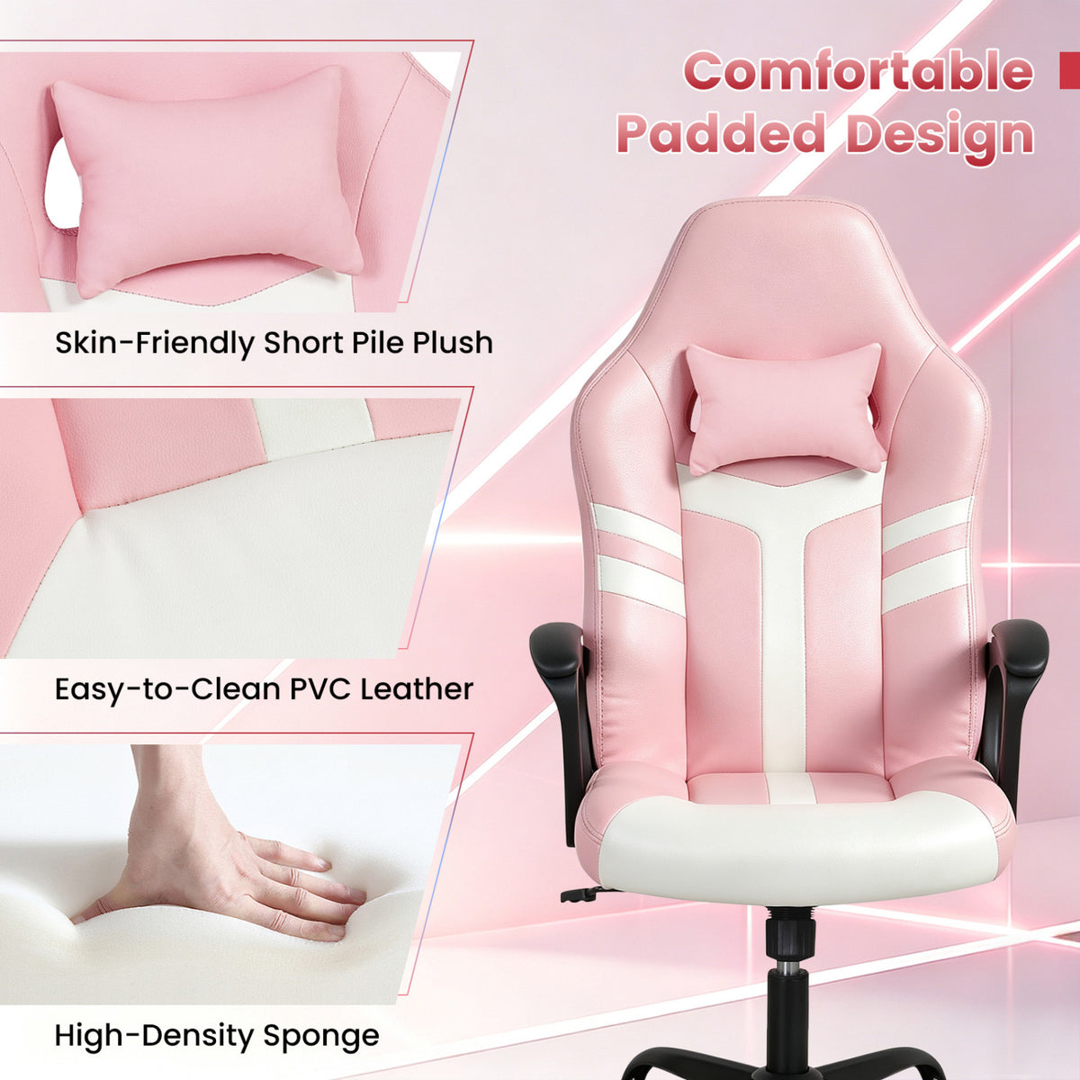 Faux Leather Upholstered Office Chair with Removable Head Pillow and Rocking Function-Pink view 6