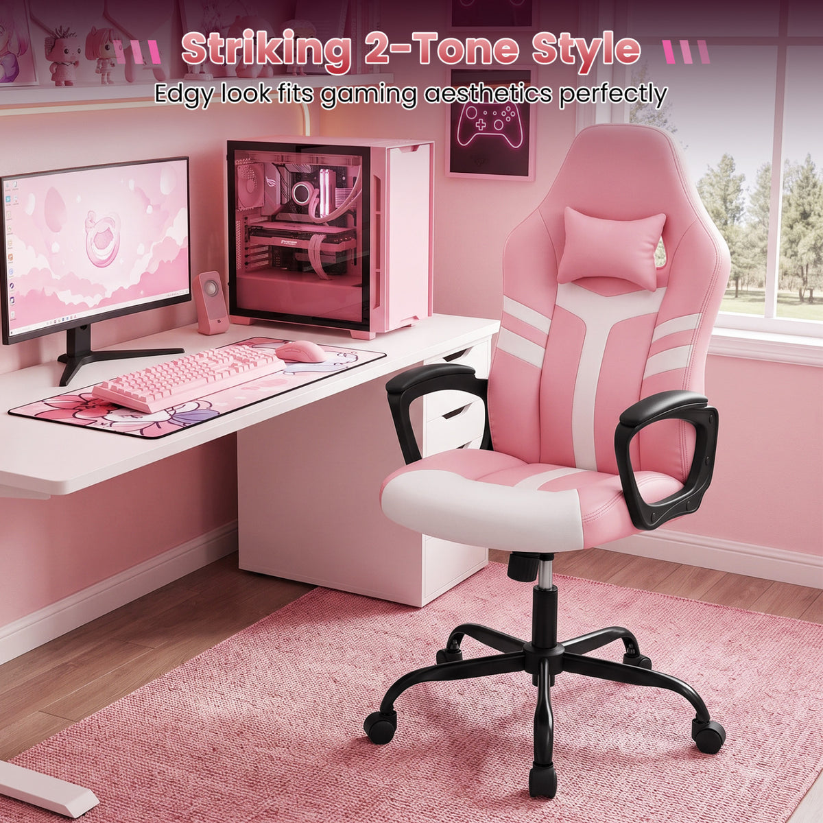 Faux Leather Upholstered Office Chair with Removable Head Pillow and Rocking Function-Pink view 9