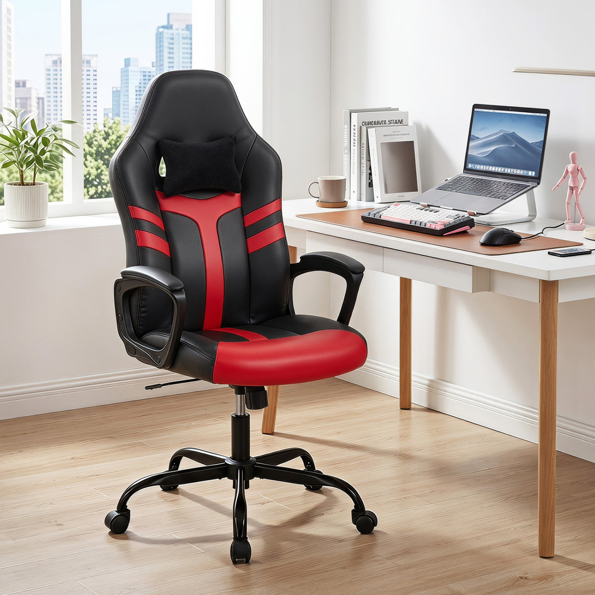 Faux Leather Upholstered Office Chair with Removable Head Pillow and Rocking Function-Red view 2