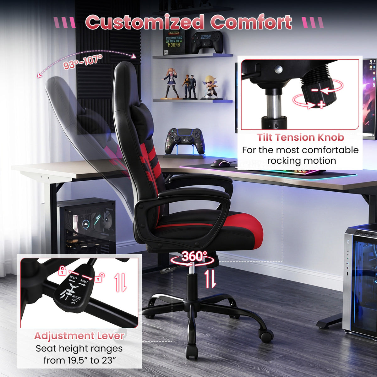 Faux Leather Upholstered Office Chair with Removable Head Pillow and Rocking Function-Red view 6
