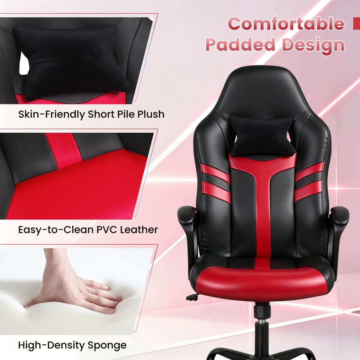 Faux Leather Upholstered Office Chair with Removable Head Pillow and Rocking Function-Red view 7