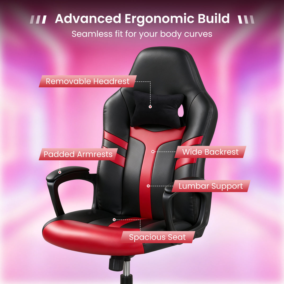 Faux Leather Upholstered Office Chair with Removable Head Pillow and Rocking Function-Red view 8