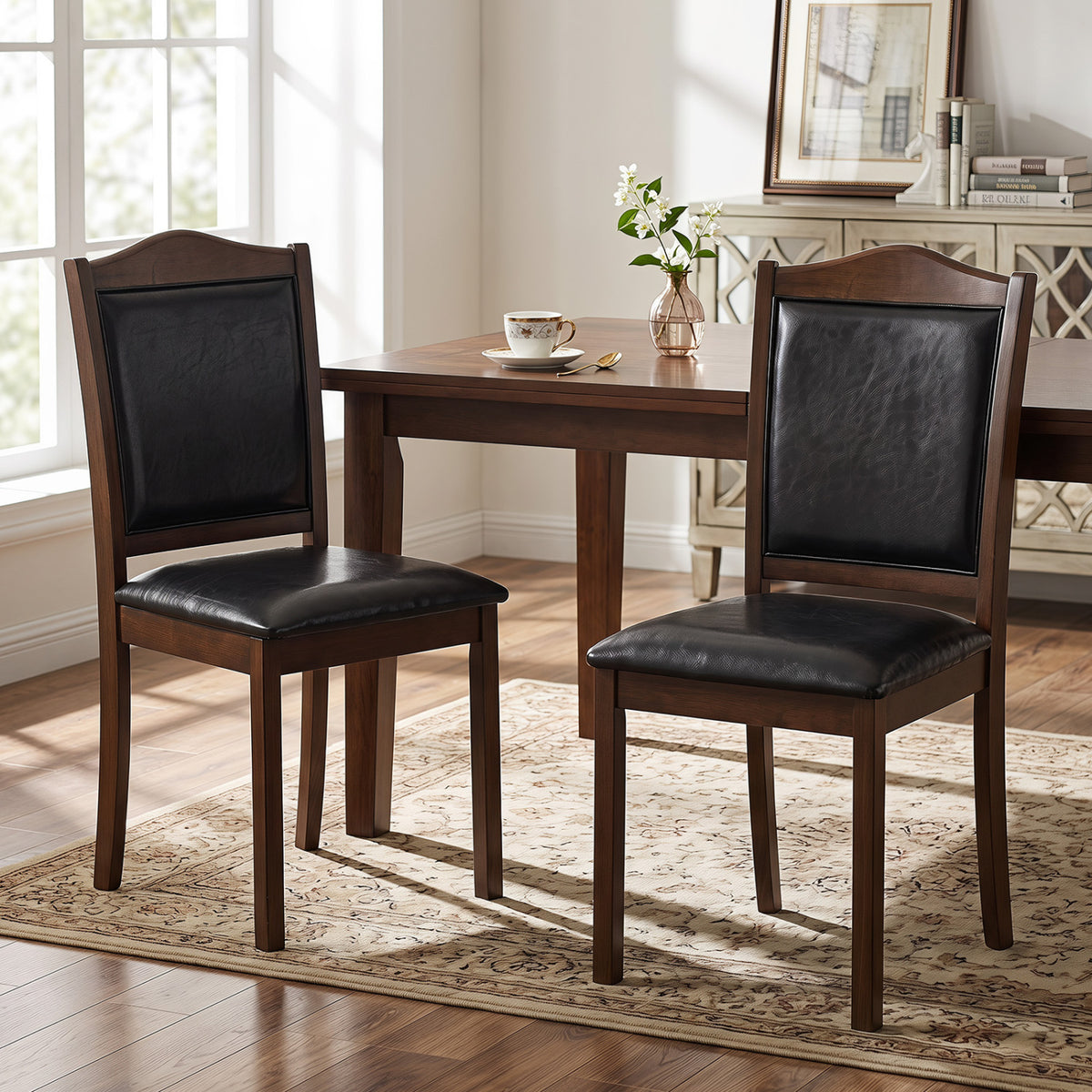 Faux Leather Upholstered Wooden Farmhouse Dining Chairs Set of 2-Walnut view 2