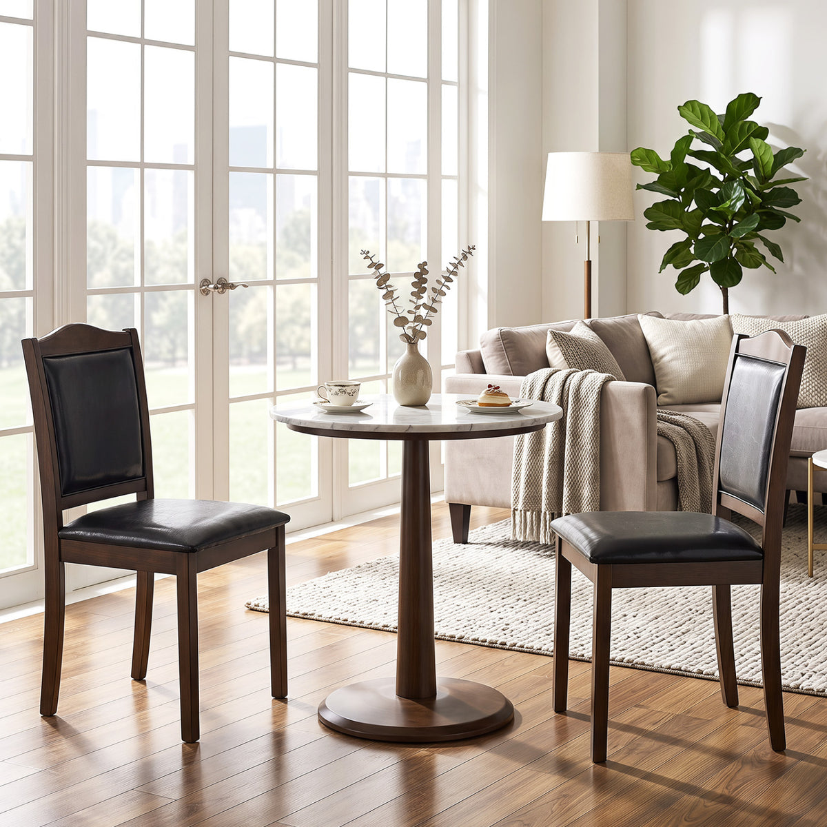 Faux Leather Upholstered Wooden Farmhouse Dining Chairs Set of 2-Walnut view 3