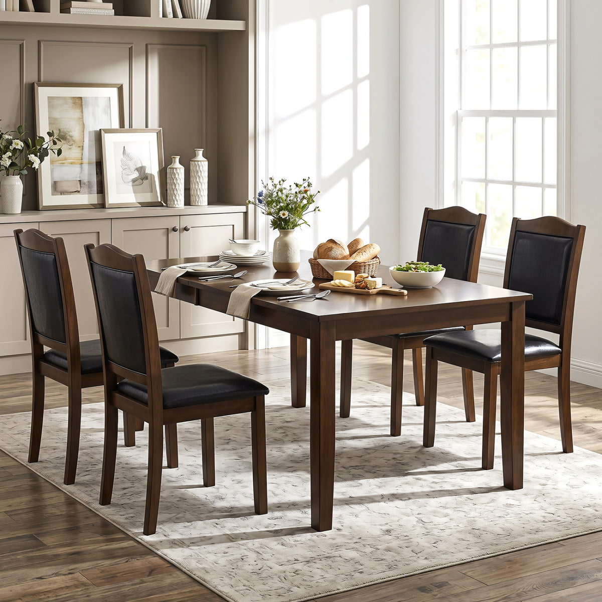 Faux Leather Upholstered Wooden Farmhouse Dining Chairs Set of 4-Walnut view 3