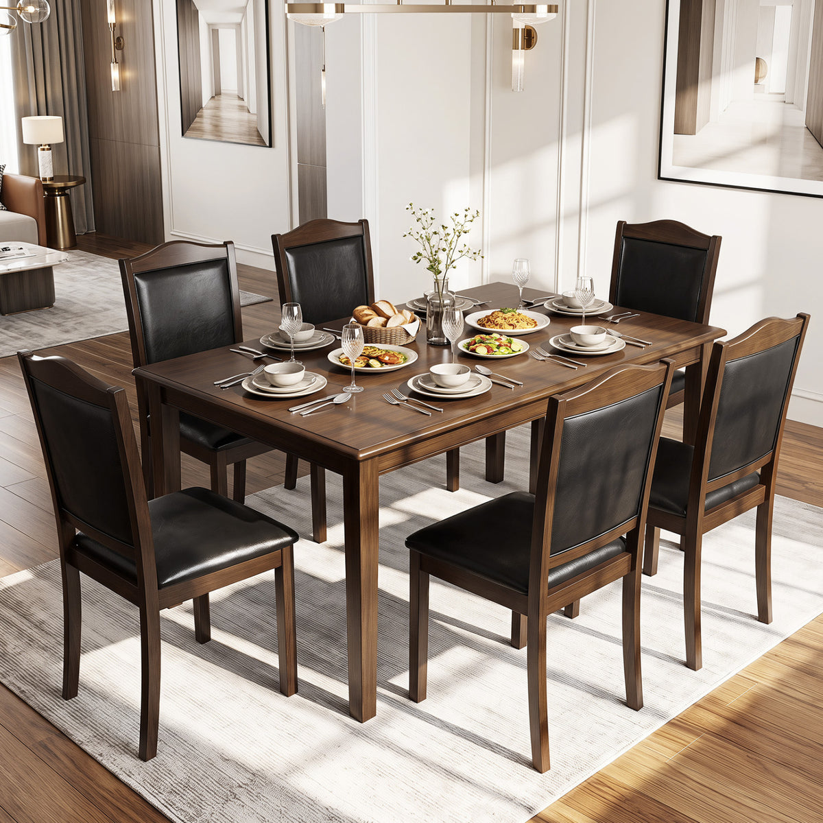 Faux Leather Upholstered Wooden Farmhouse Dining Chairs Set of 4-Walnut view 5