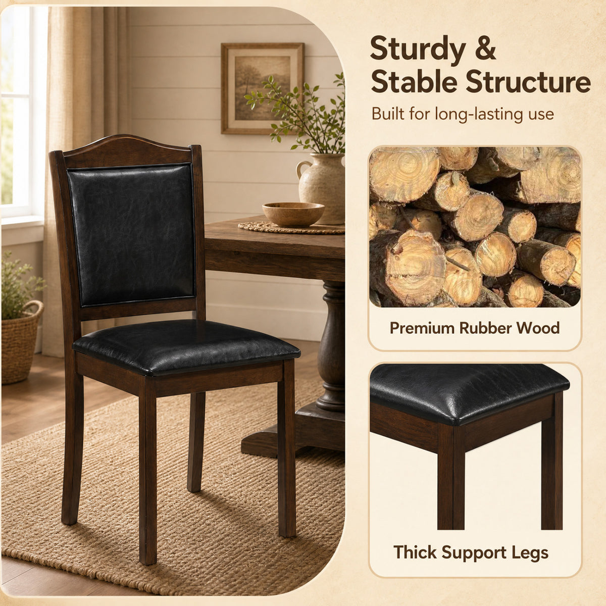 Faux Leather Upholstered Wooden Farmhouse Dining Chairs Set of 4-Walnut view 6