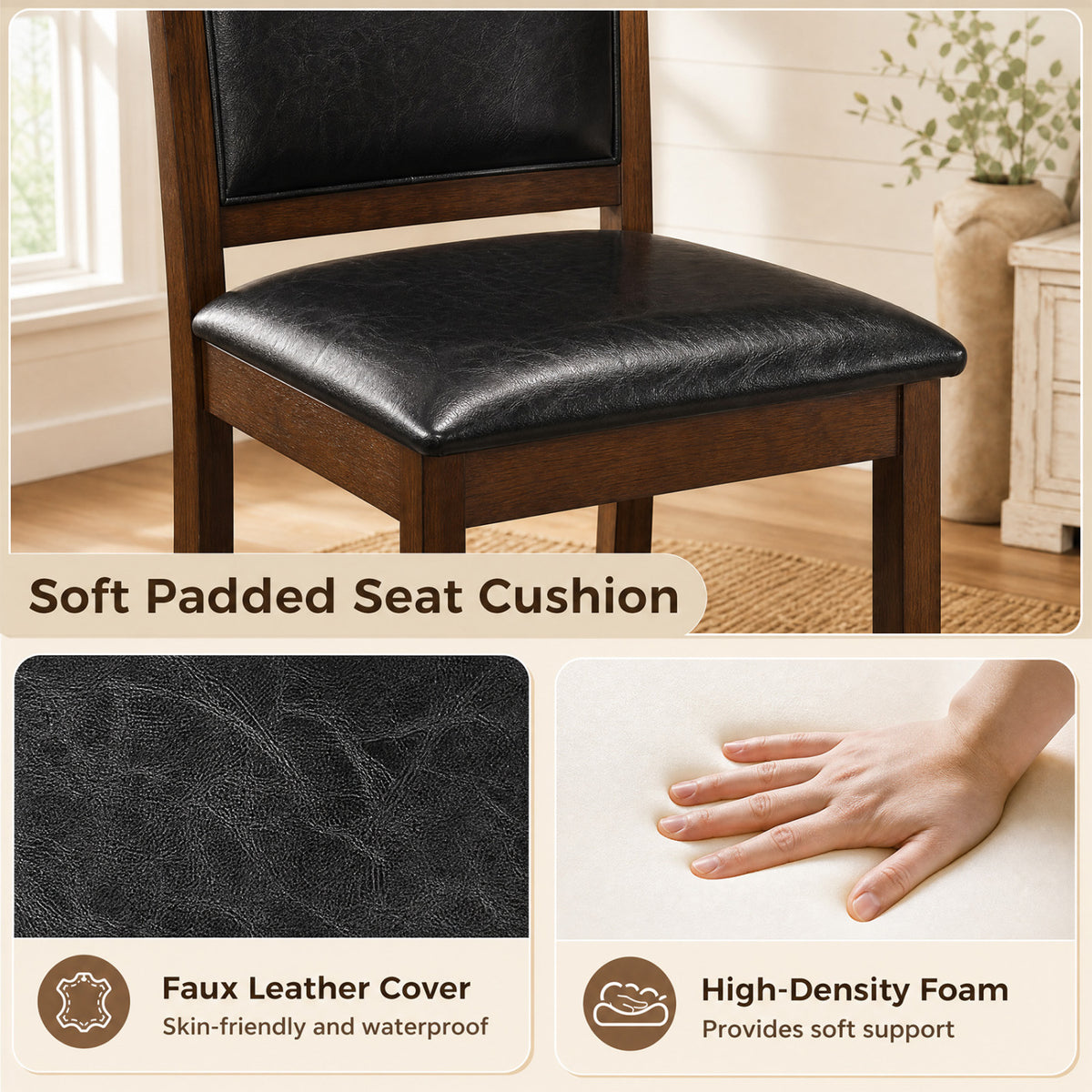 Faux Leather Upholstered Wooden Farmhouse Dining Chairs Set of 4-Walnut view 8