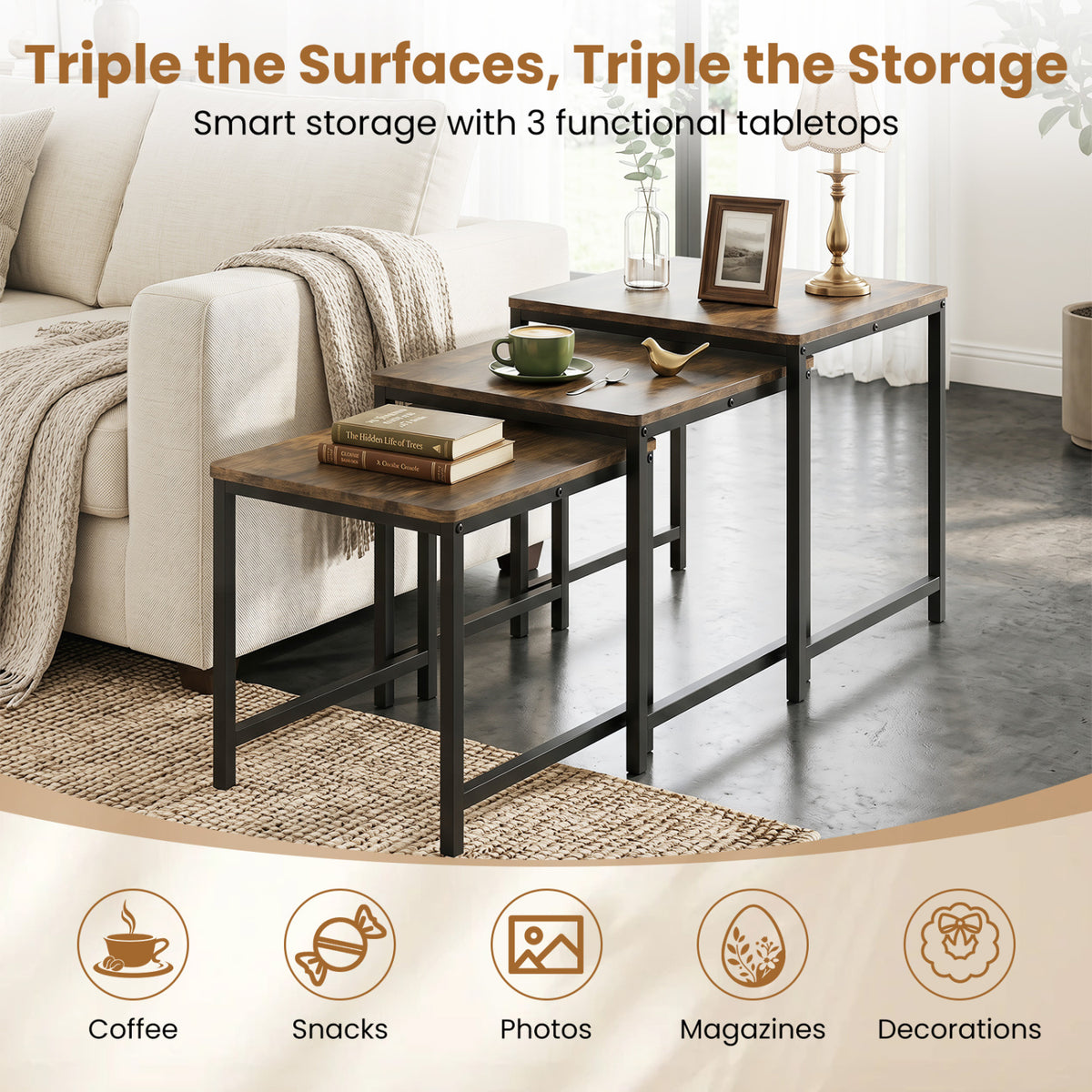 Faux Marble Nesting Table with Metal Frame Set of 3-Rustic Brown view 6
