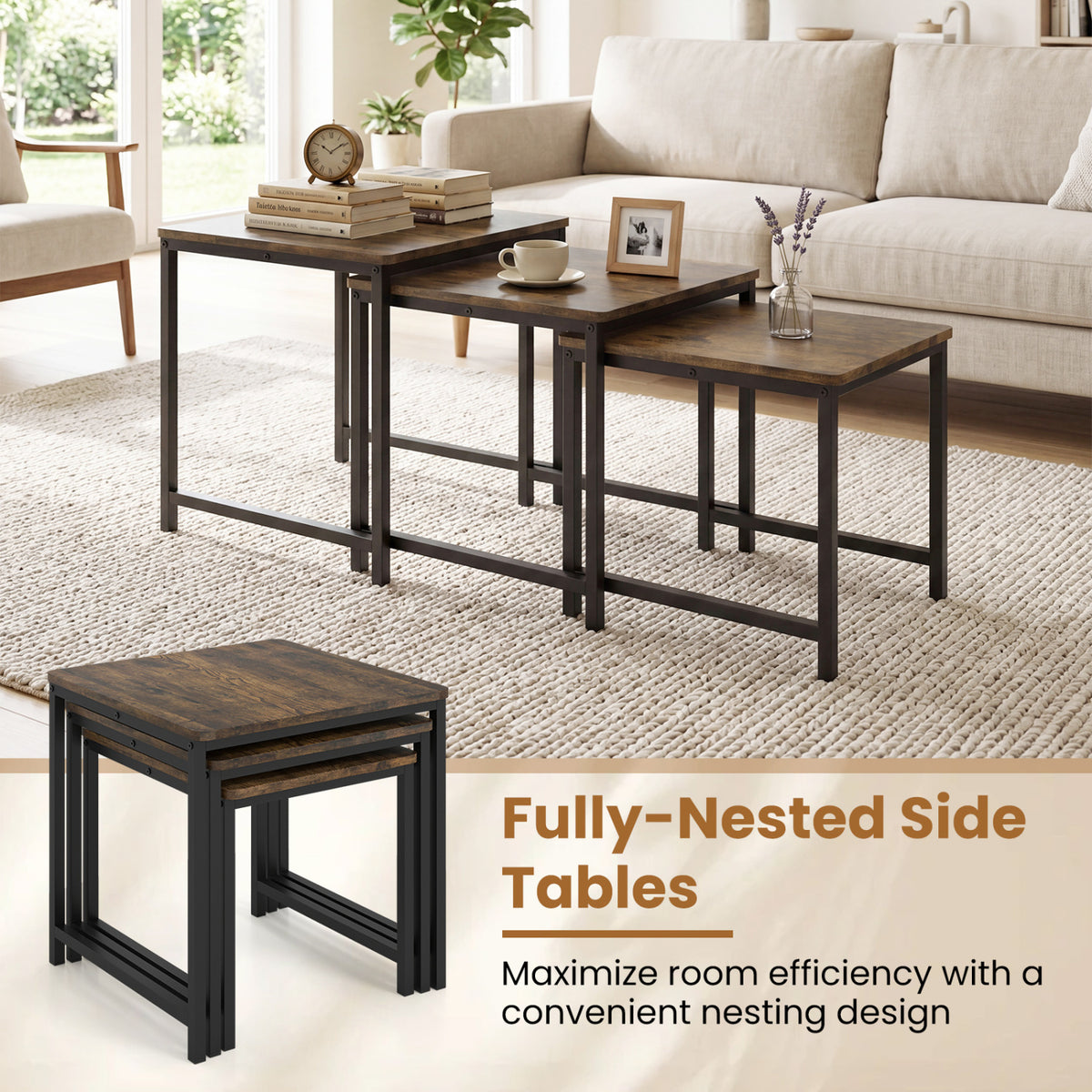 Faux Marble Nesting Table with Metal Frame Set of 3-Rustic Brown view 8