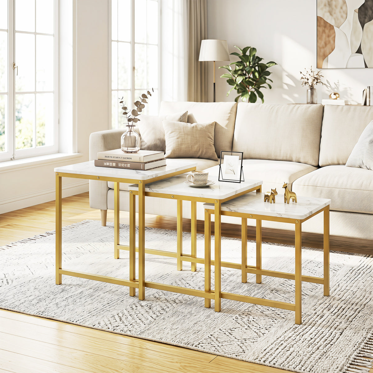 Faux Marble Nesting Table with Metal Frame Set of 3-White view 2