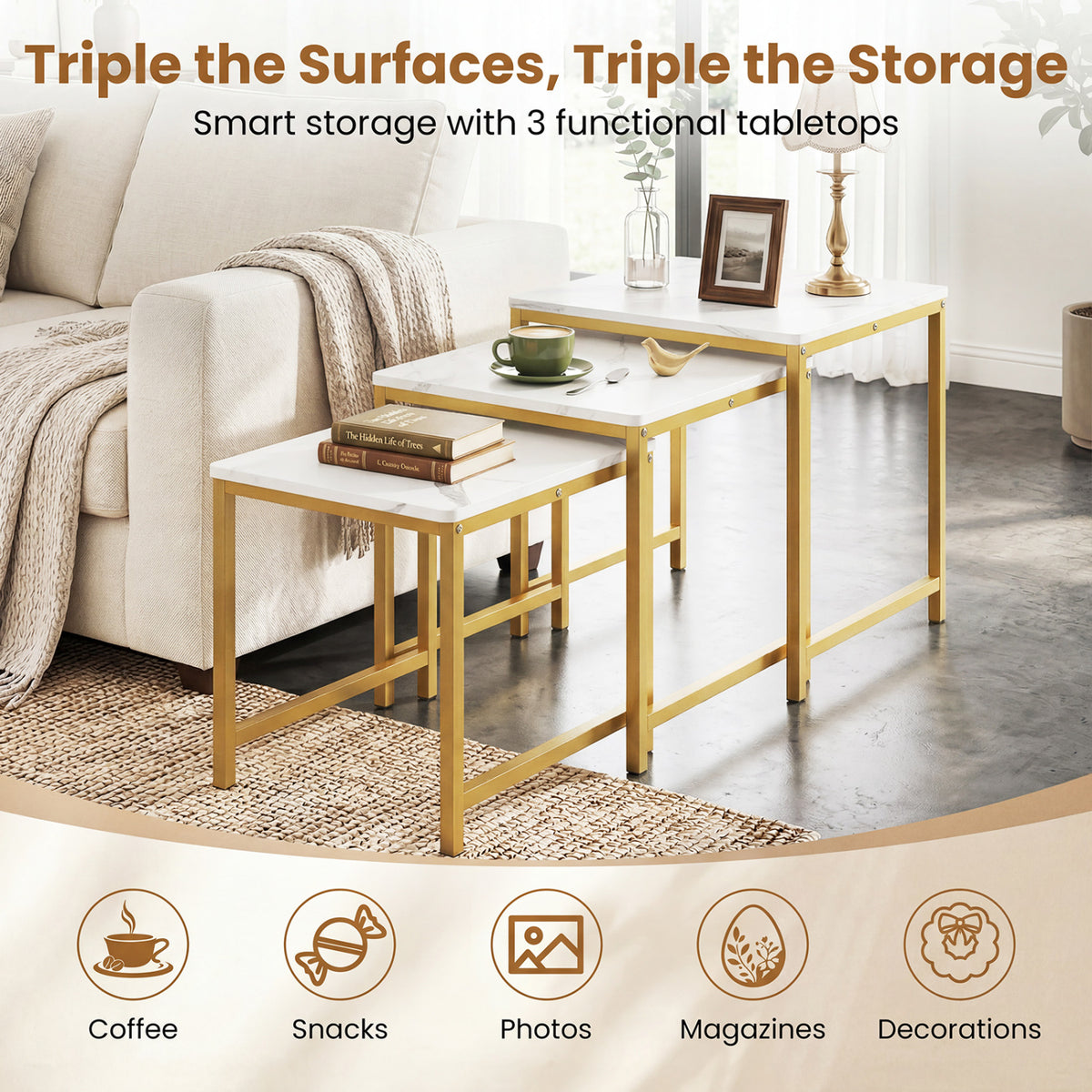 Faux Marble Nesting Table with Metal Frame Set of 3-White view 6