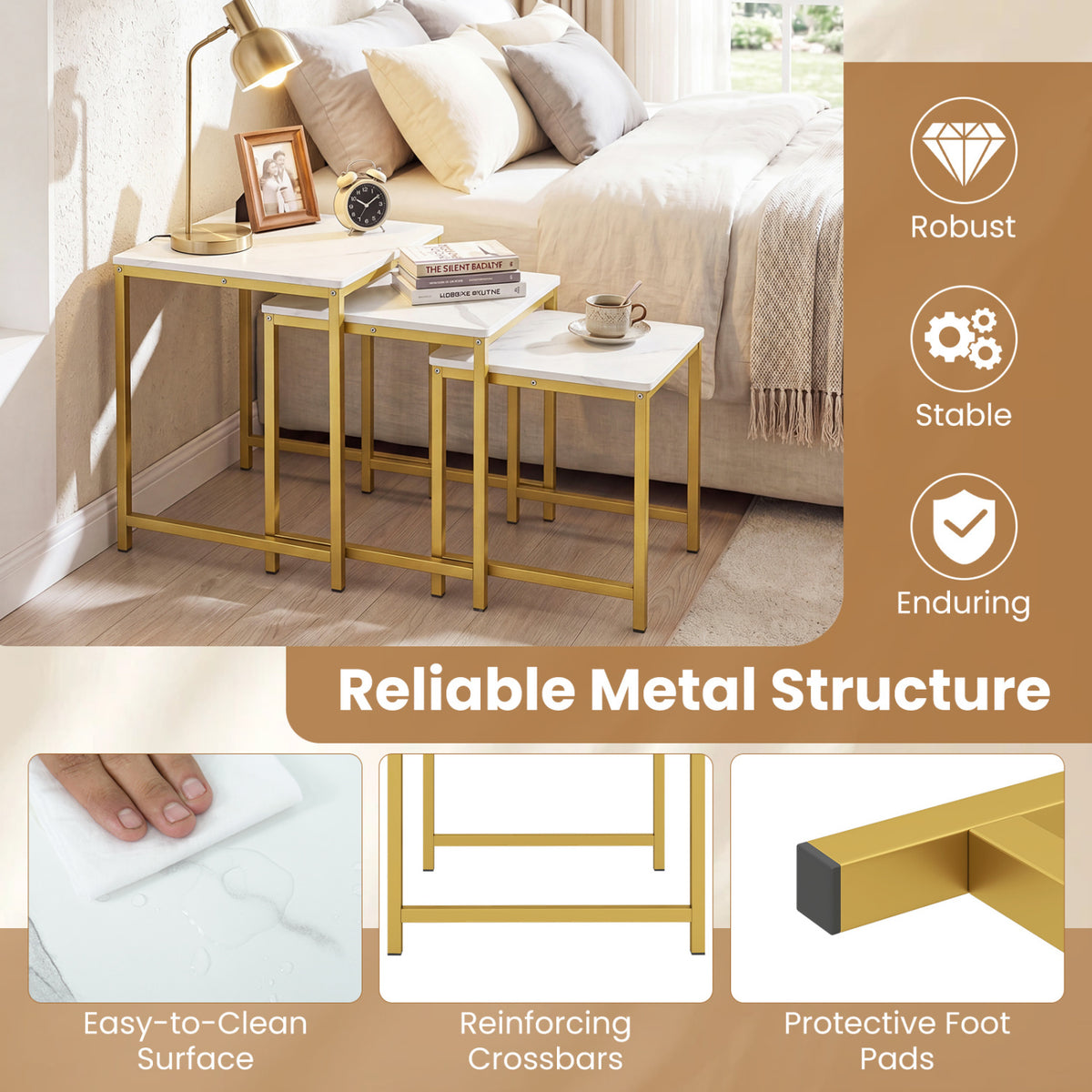 Faux Marble Nesting Table with Metal Frame Set of 3-White view 7