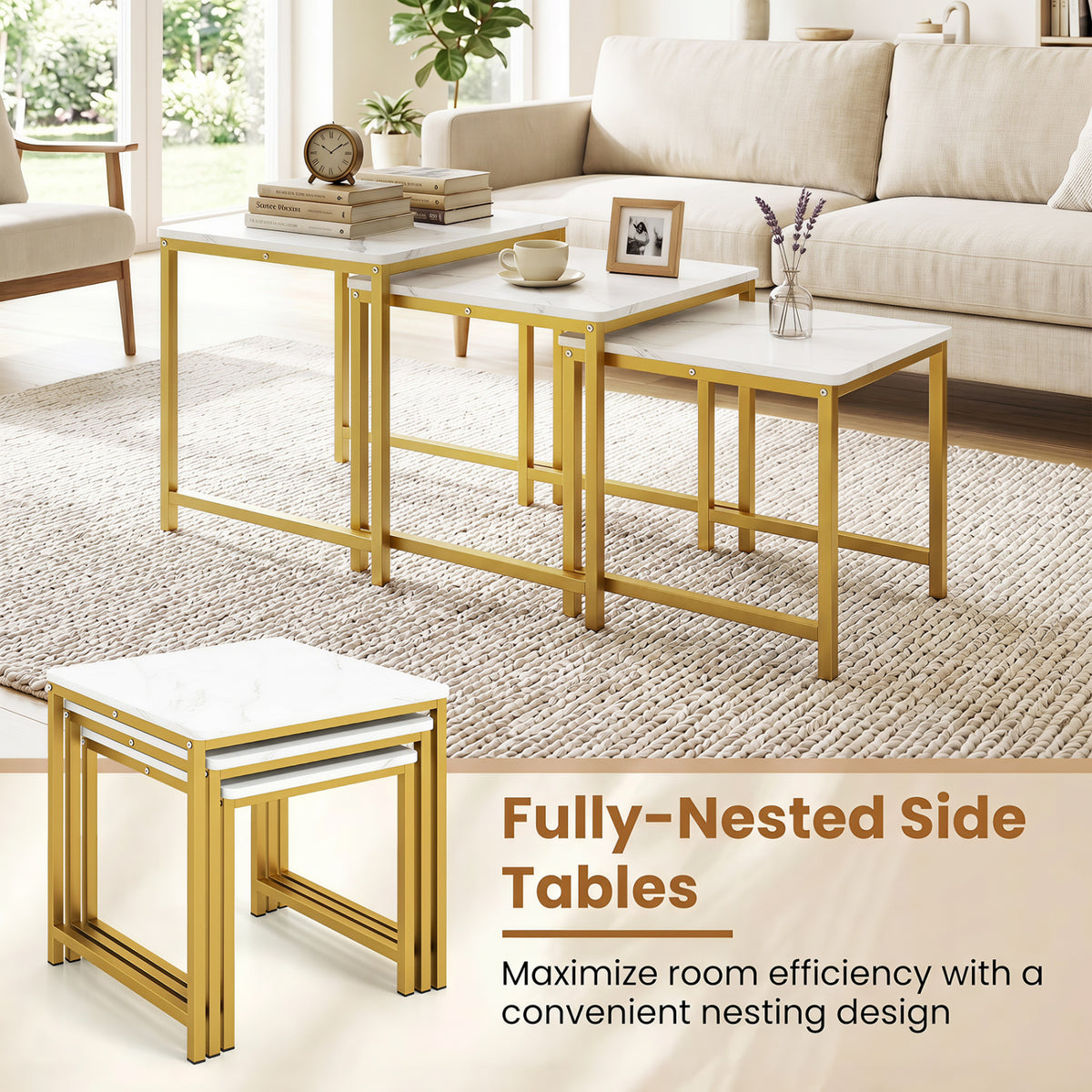 Faux Marble Nesting Table with Metal Frame Set of 3-White view 8