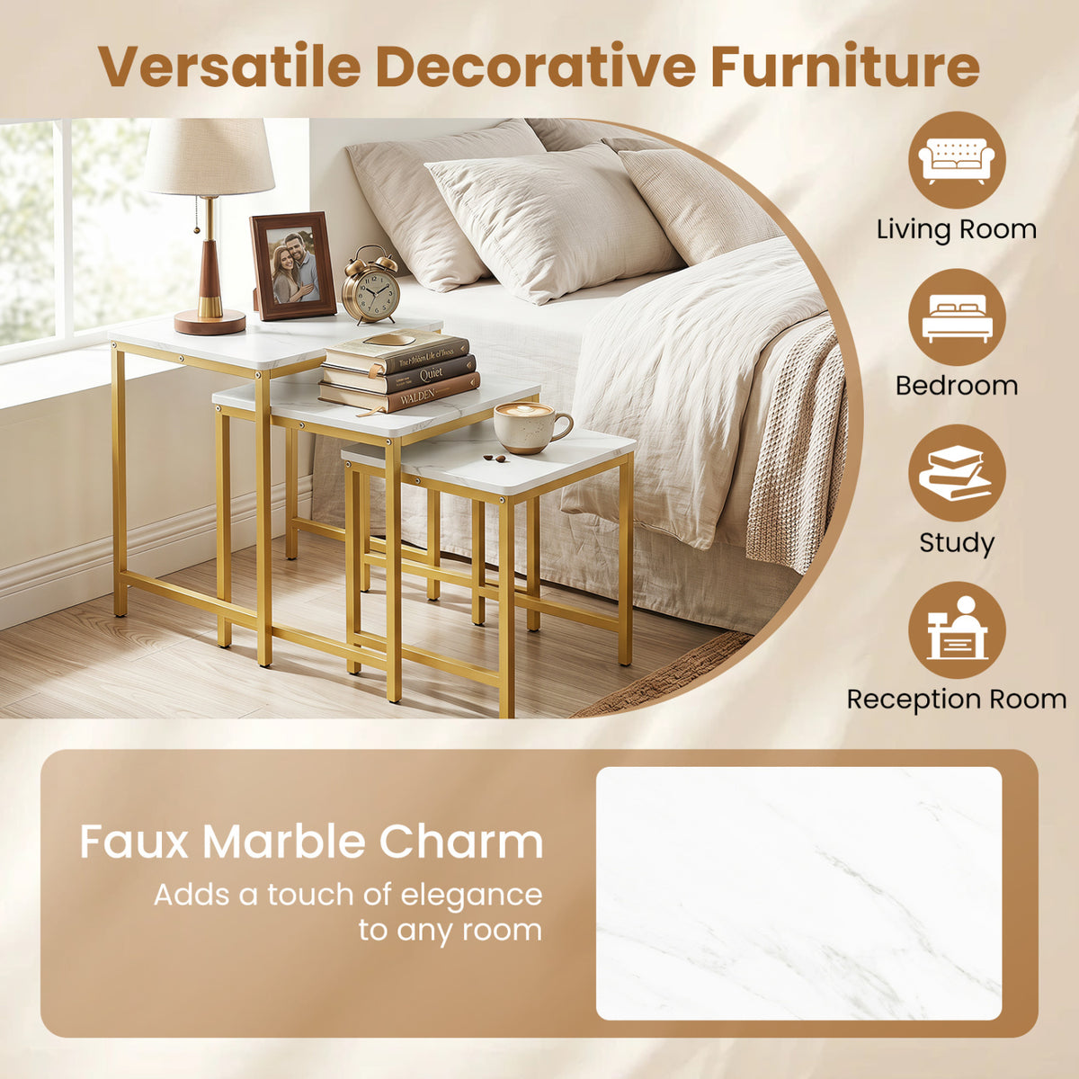 Faux Marble Nesting Table with Metal Frame Set of 3-White view 9