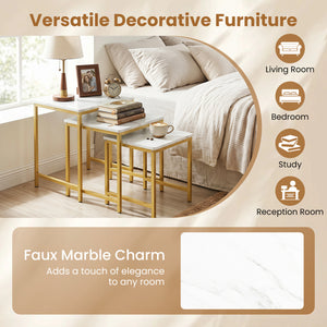 Faux Marble Nesting Table with Metal Frame Set of 3-White view 9
