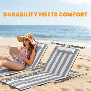 2 Pieces Beach Lounge Chair, Outdoor Folding Chaise Lounge Set w/ Pillow for Sunbath, Snap, Beige – view 19