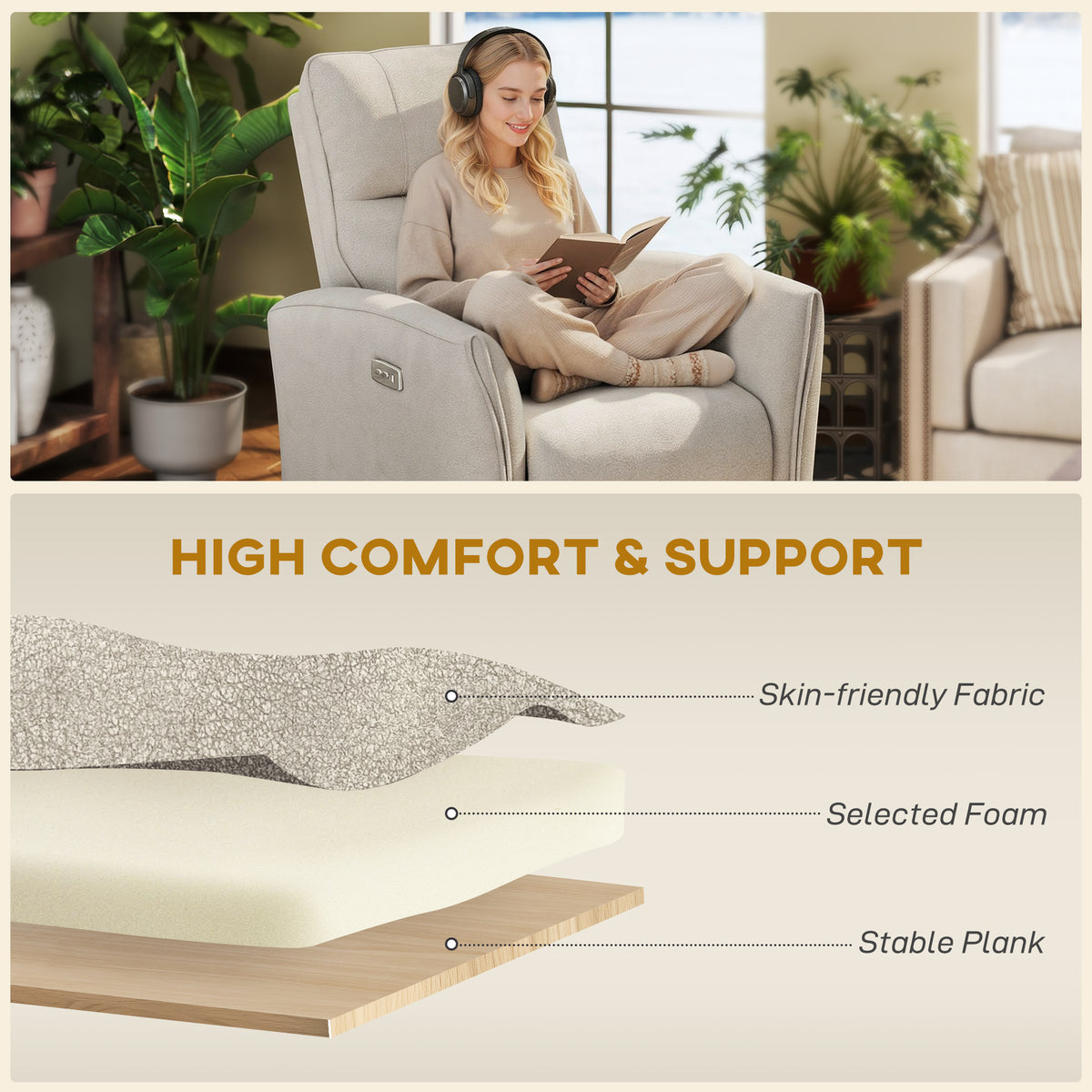 Power Recliner Chair, Dyed Fabric (Like Leathaire) Upholstered Recliner Chair with USB Ports, Footrest – view 4