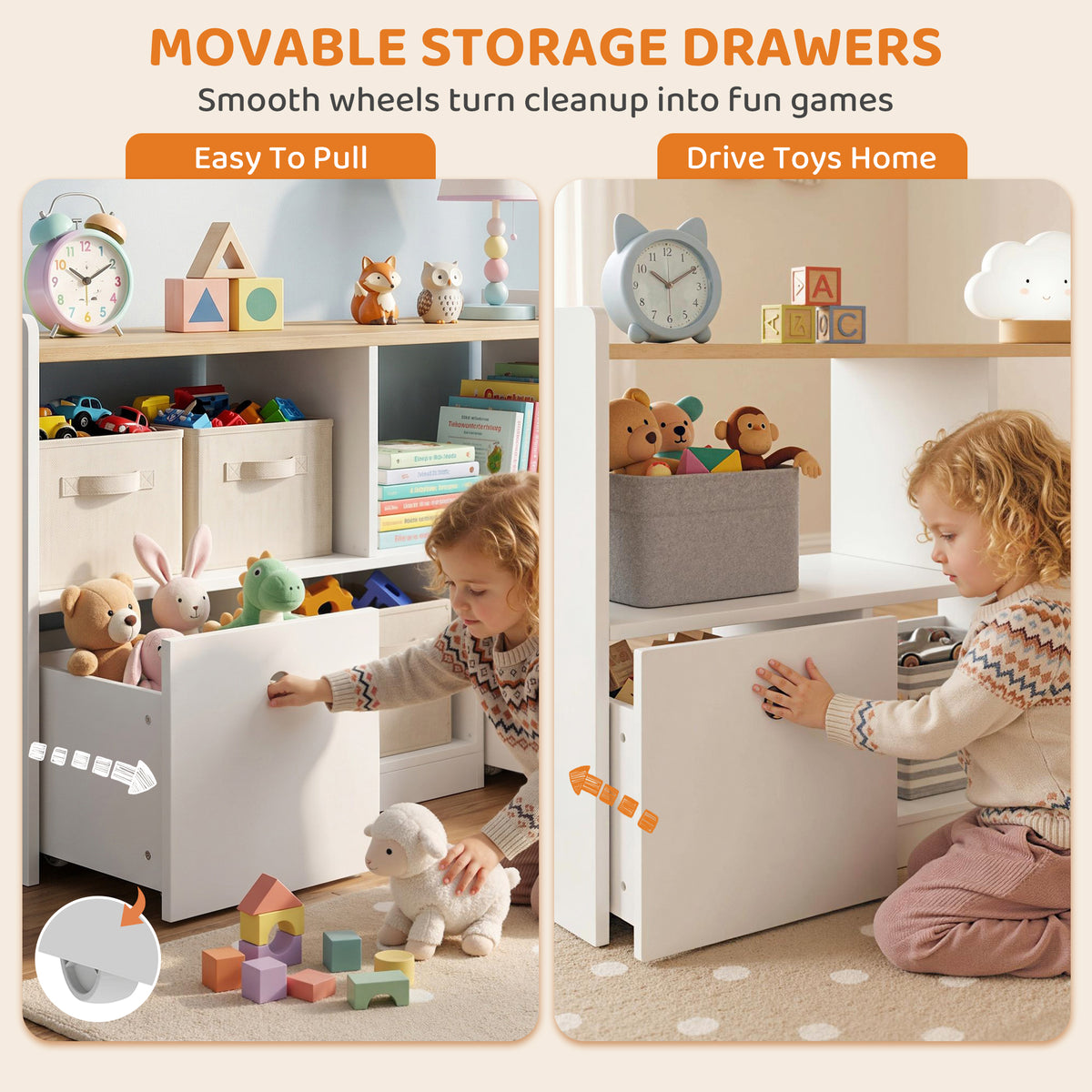 Qaba Toy Storage Organizer, Toy Organizers and Storage with 2 Movable Drawers and 3 Cubbies for Playroom, Nursery, White