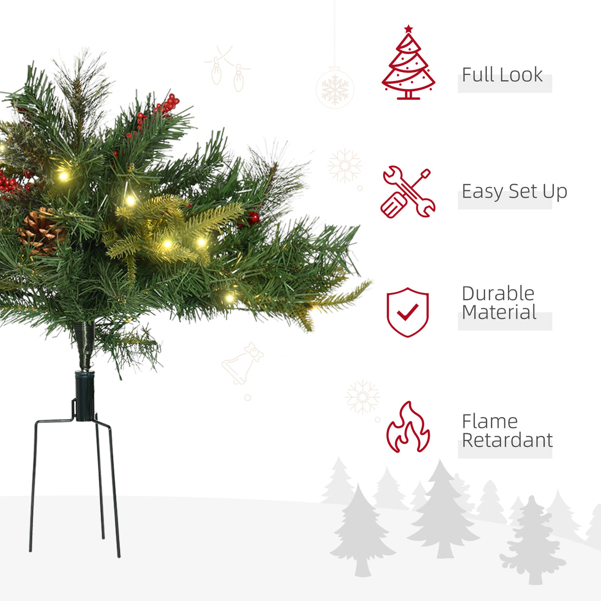 1.5 Foot/16 inch 2 Pack Prelit Artificial Christmas Tree Cordless with 69 Branches, Warm White LED lights, Red Berries, Pine Cones, for Outdoor Entryway, Green