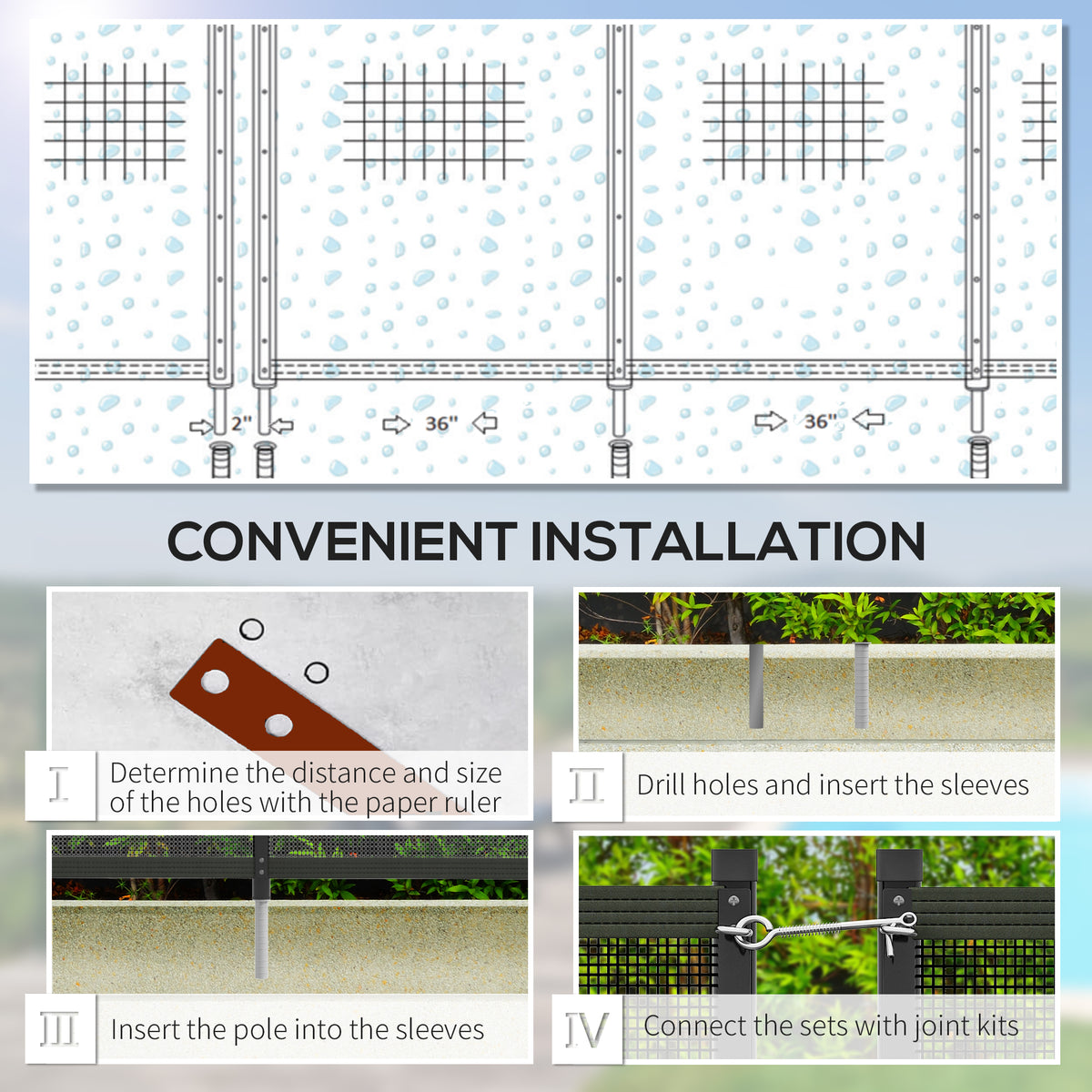 4-Panel Swimming Pool Fence, Aluminium Rustproof Pool Fencing, Overall Size 4' x 12', Black