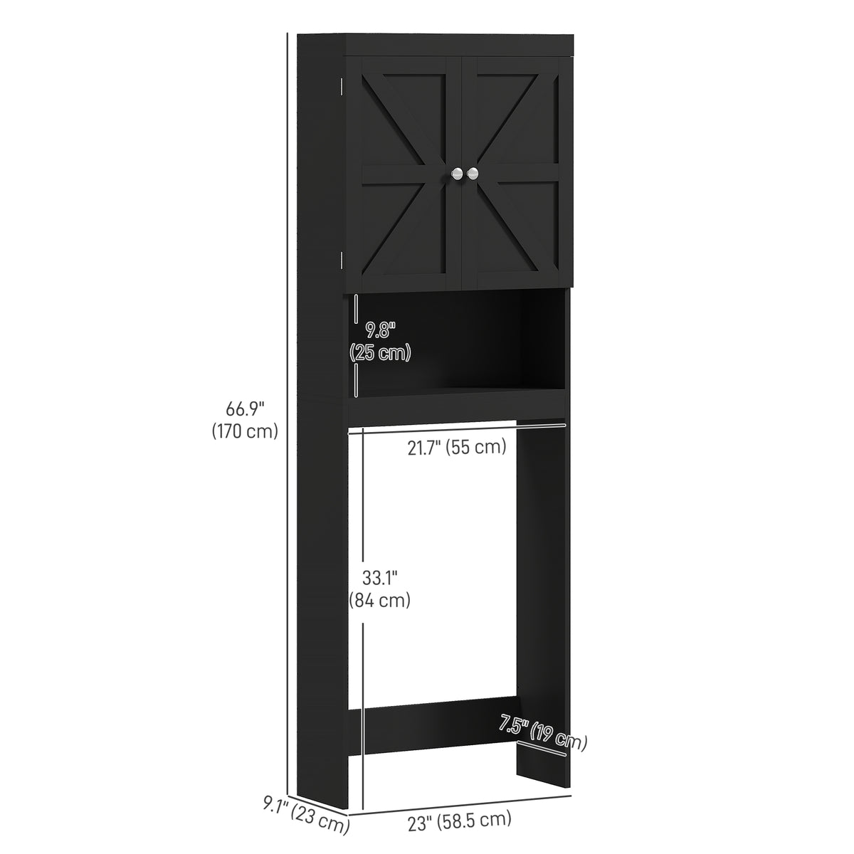 Over The Toilet Cabinet, Modern Bathroom Above Toilet Storage with Barn Doors and Open Shelf, Black – view 2