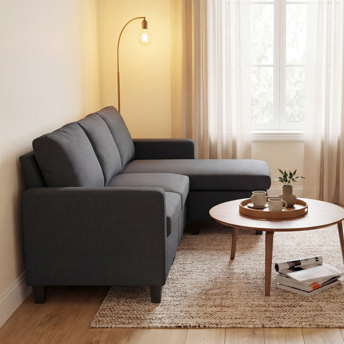 L-Shape Sofa, Modern Sectional Couch with Ottoman, Corner Sofa for Living Room, Dark Grey