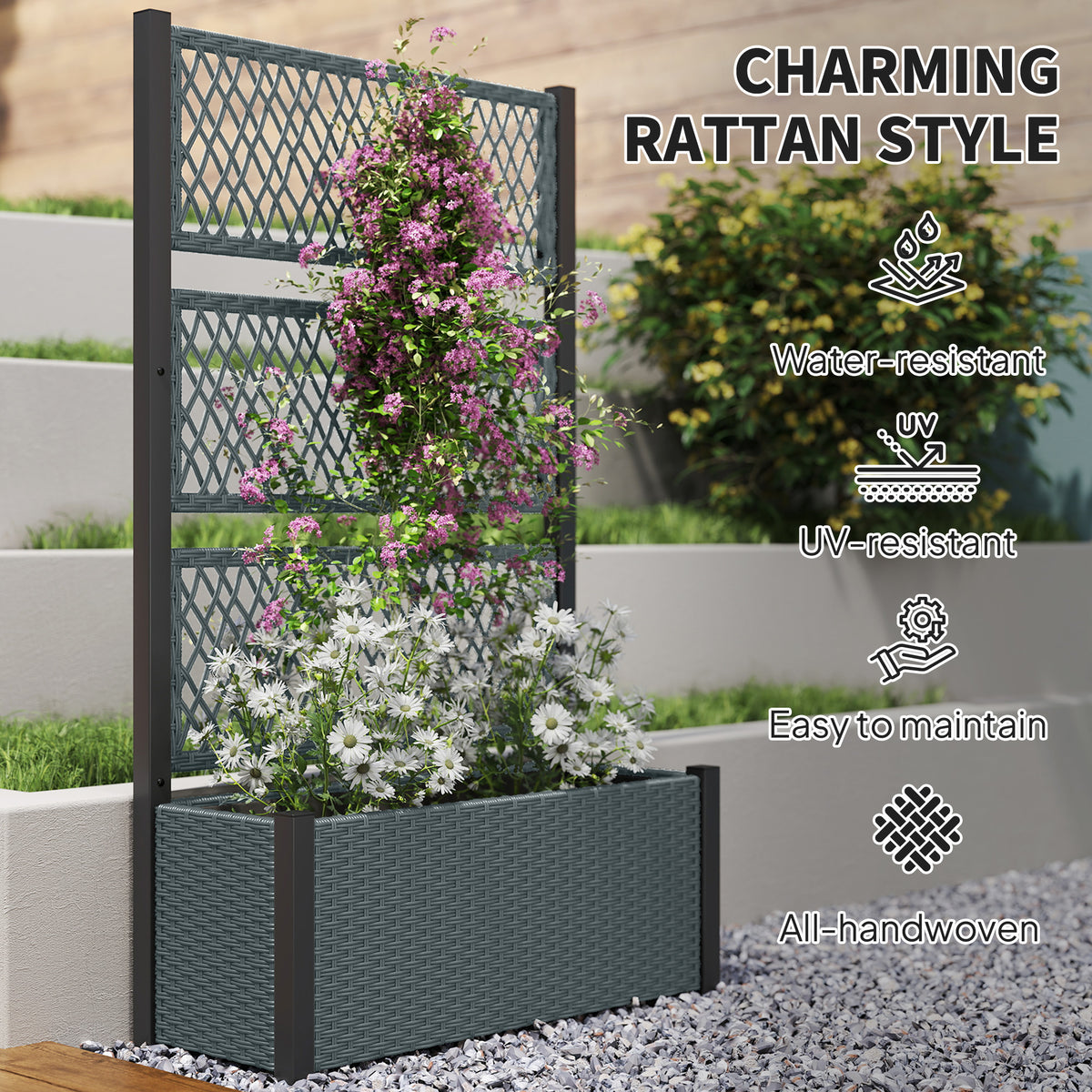 Wicker Outdoor Planter with Trellis, 58" Standing Garden Bed with Liner – view 6