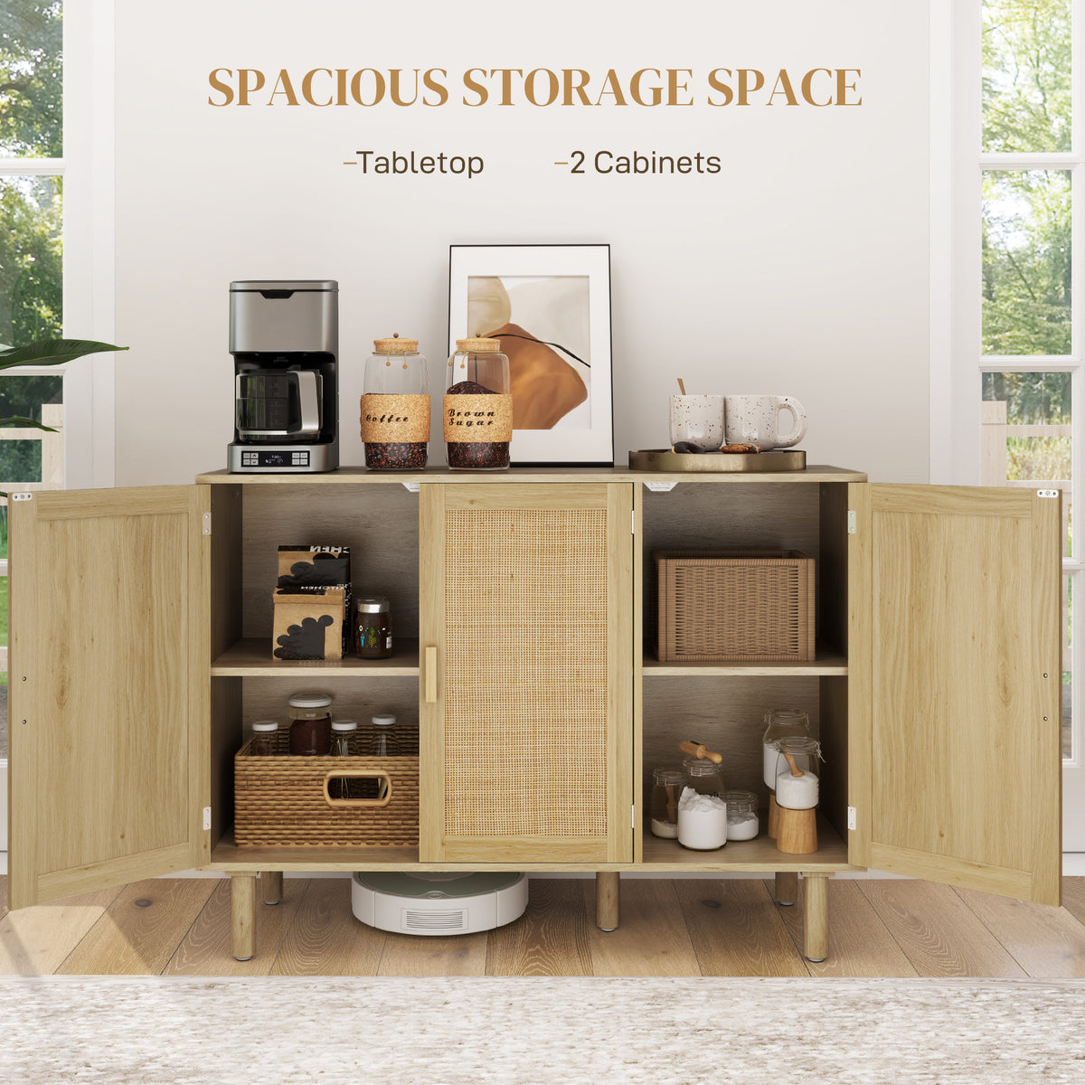 Bohemian Sideboard, 46.9" Buffet Cabinet with 3 Rattan Doors and Shelves for Living Room, Hallway, Oak