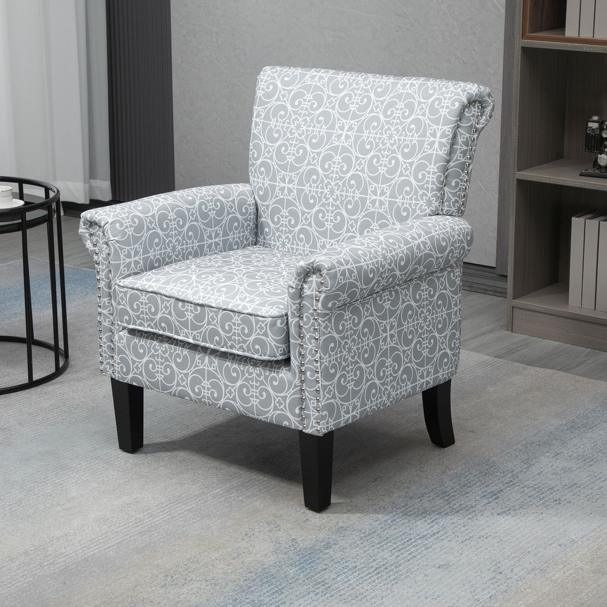 Upholstered Accent Chair, Single Armchair with Soft Linen Touch Fabric, Rolled Armrest with Nailhead Trim, Grey