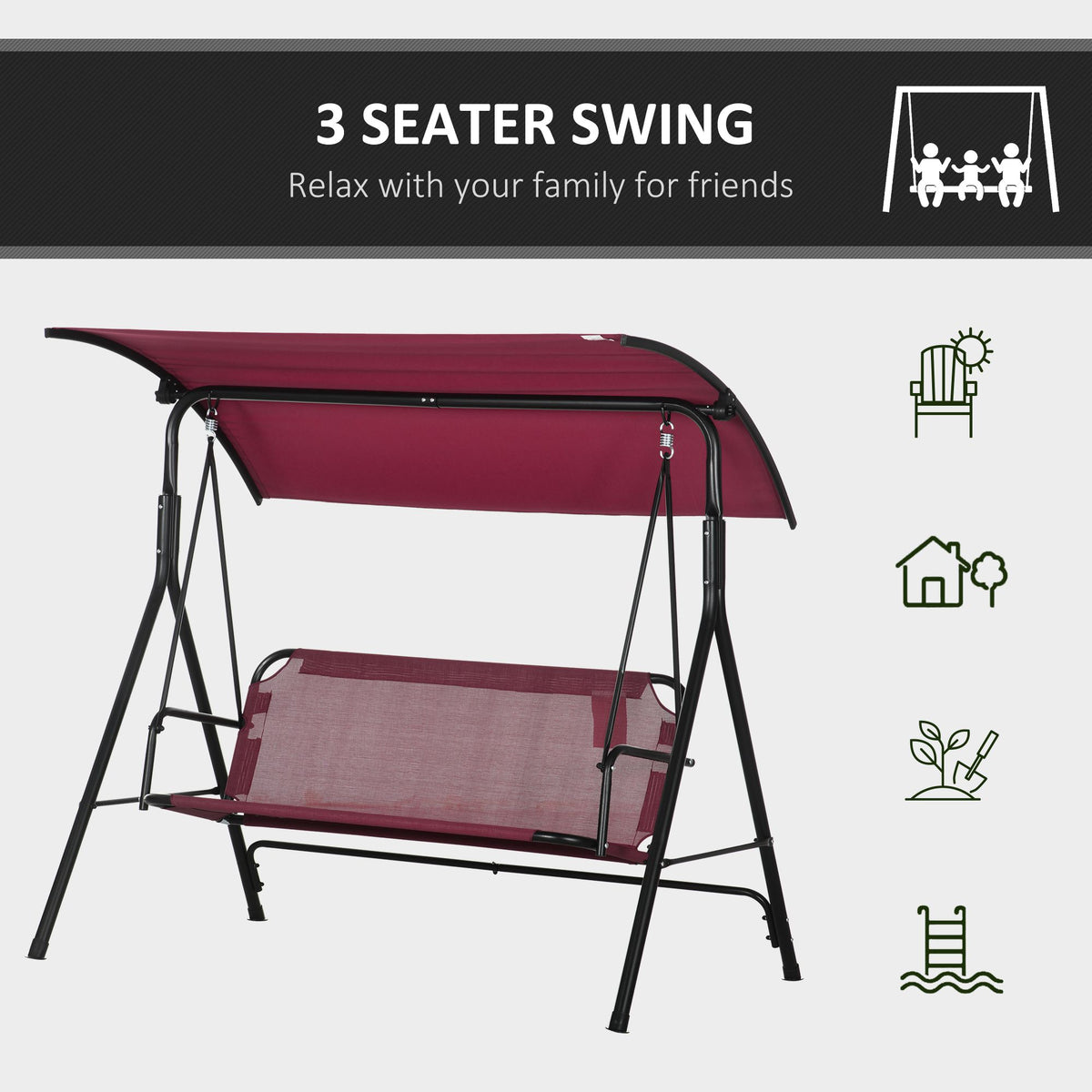 3-Seater Outdoor Porch Swing with Adjustable Canopy, Patio Swing Chair for Garden, Poolside, Backyard, Green and White