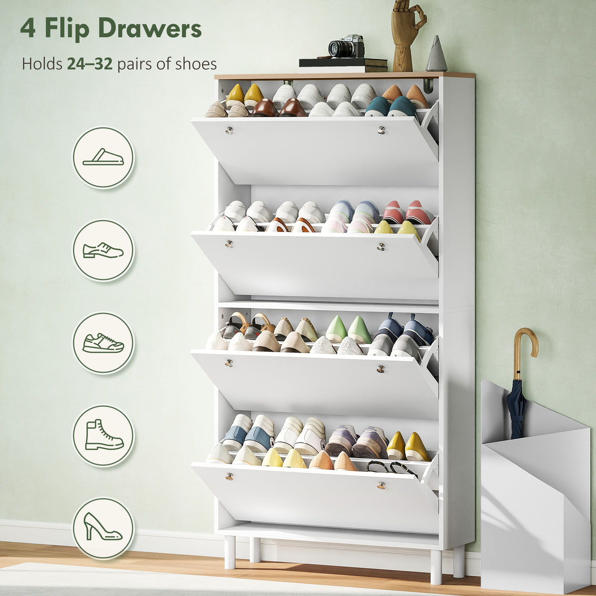 Narrow Shoe Cabinet with 4 Flip Drawers, Shoe Storage Cabinet with Adjustable Shelves, Holds 24–32 Pairs – view 10