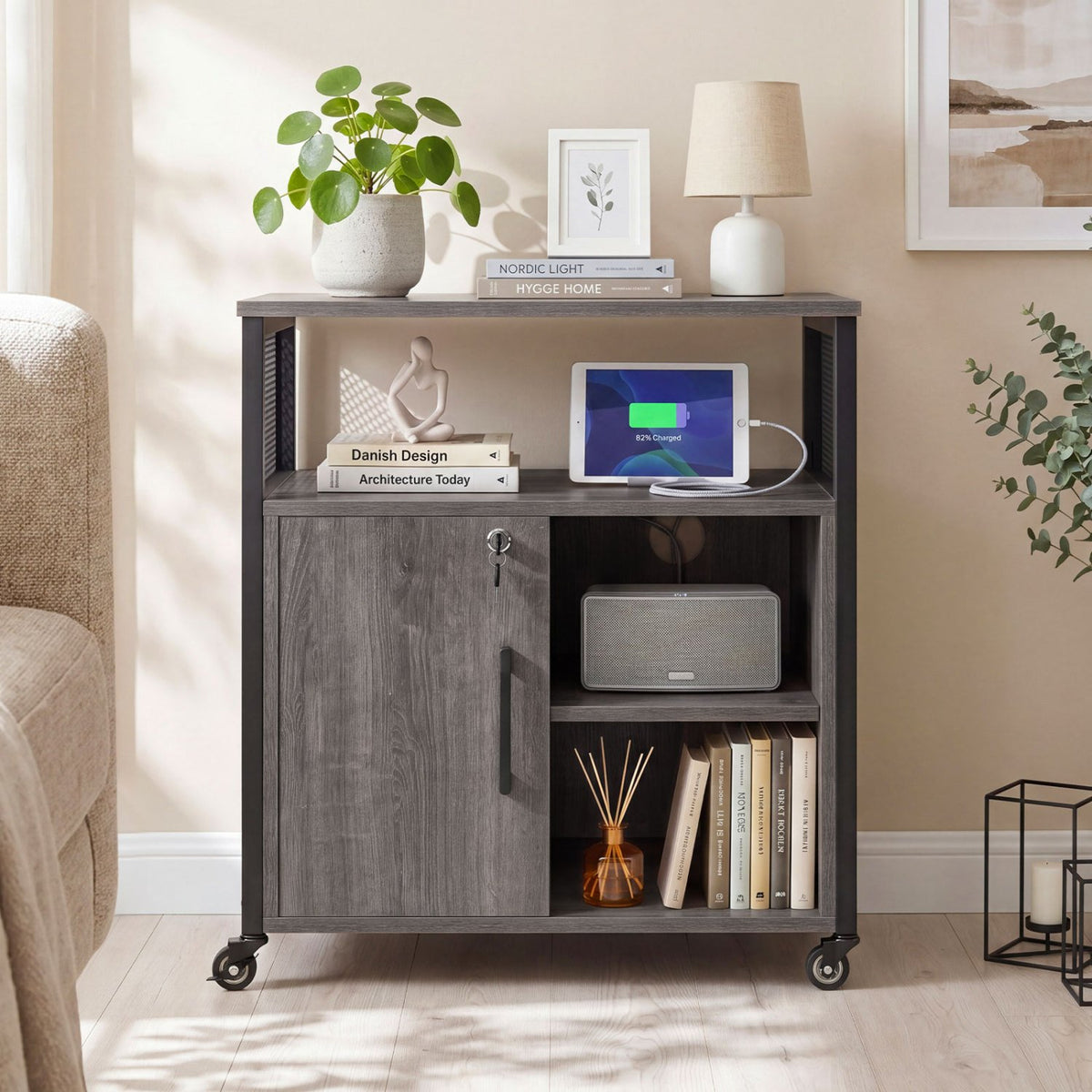 File Cabinet on Wheels with Charging Station and Cable Management Hole-Gray view 2