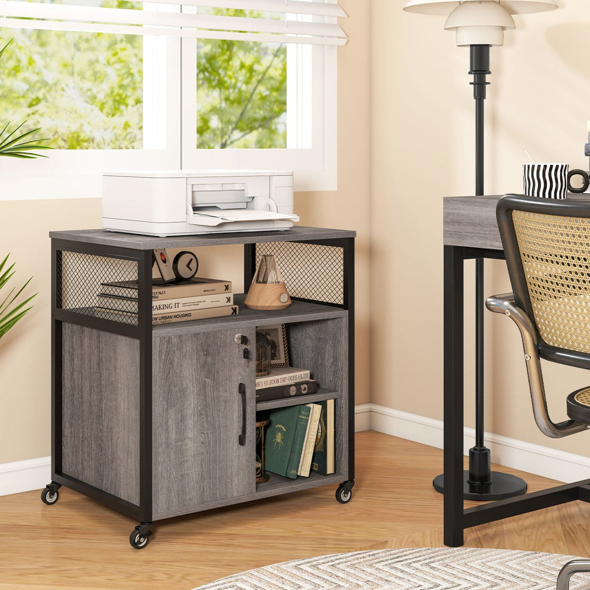 File Cabinet on Wheels with Charging Station and Cable Management Hole-Gray view 3