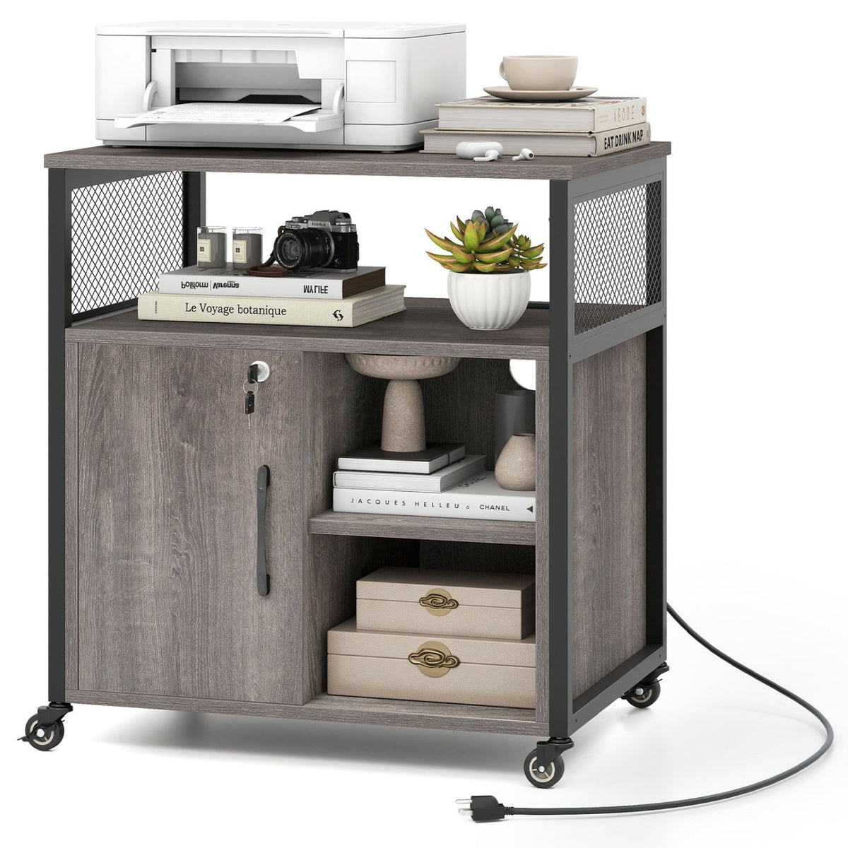 File Cabinet on Wheels with Charging Station and Cable Management Hole-Gray view 4