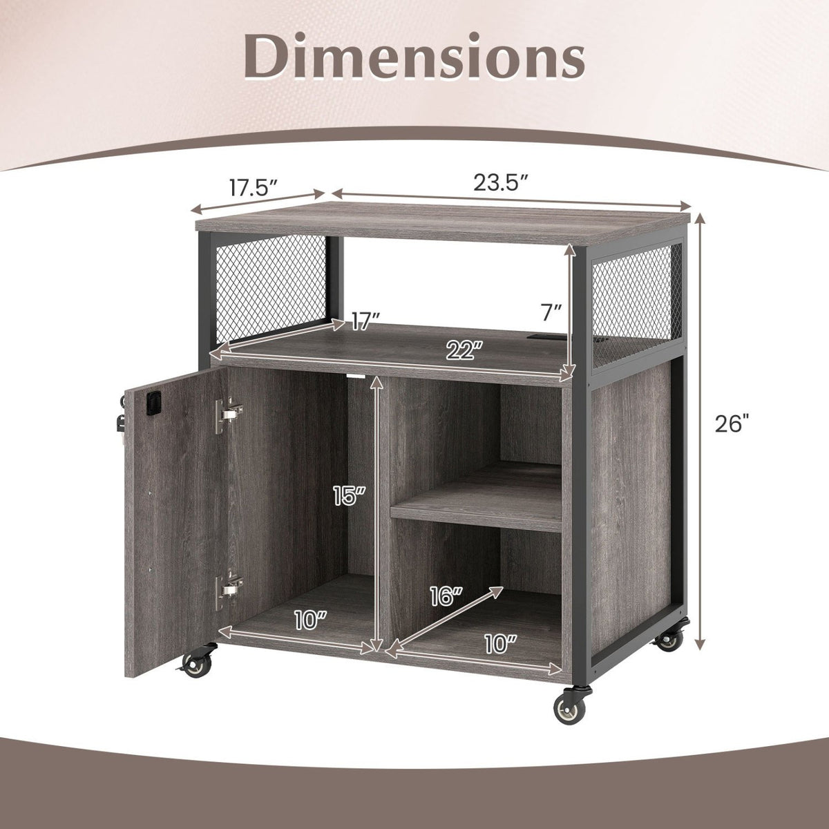 File Cabinet on Wheels with Charging Station and Cable Management Hole-Gray view 5