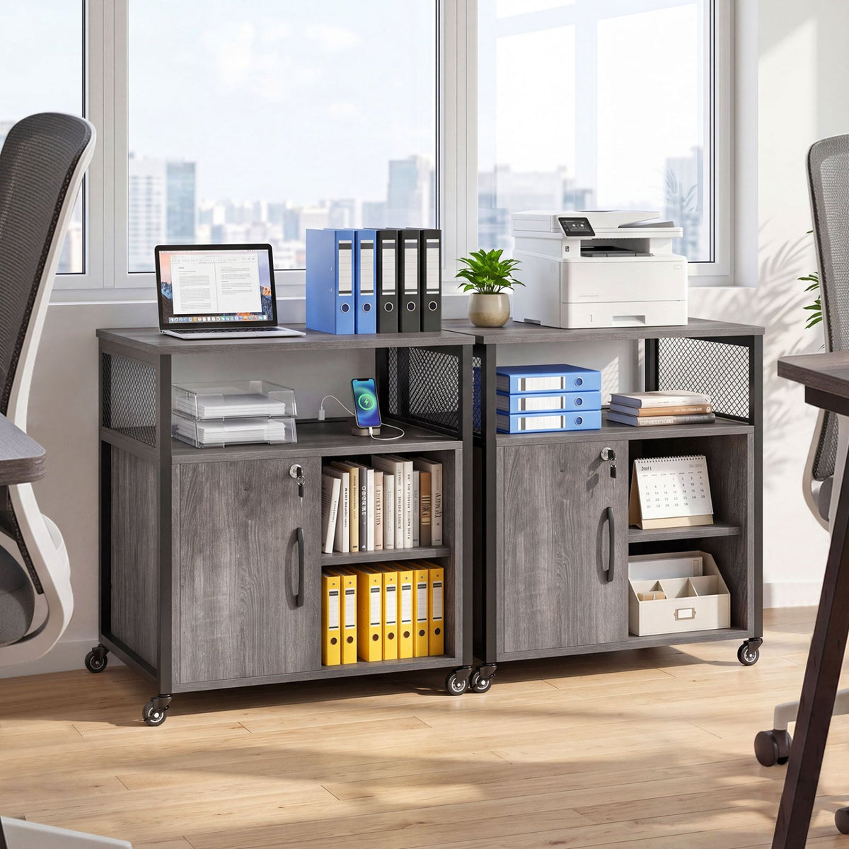 File Cabinet on Wheels with Charging Station and Cable Management Hole-Gray view 6