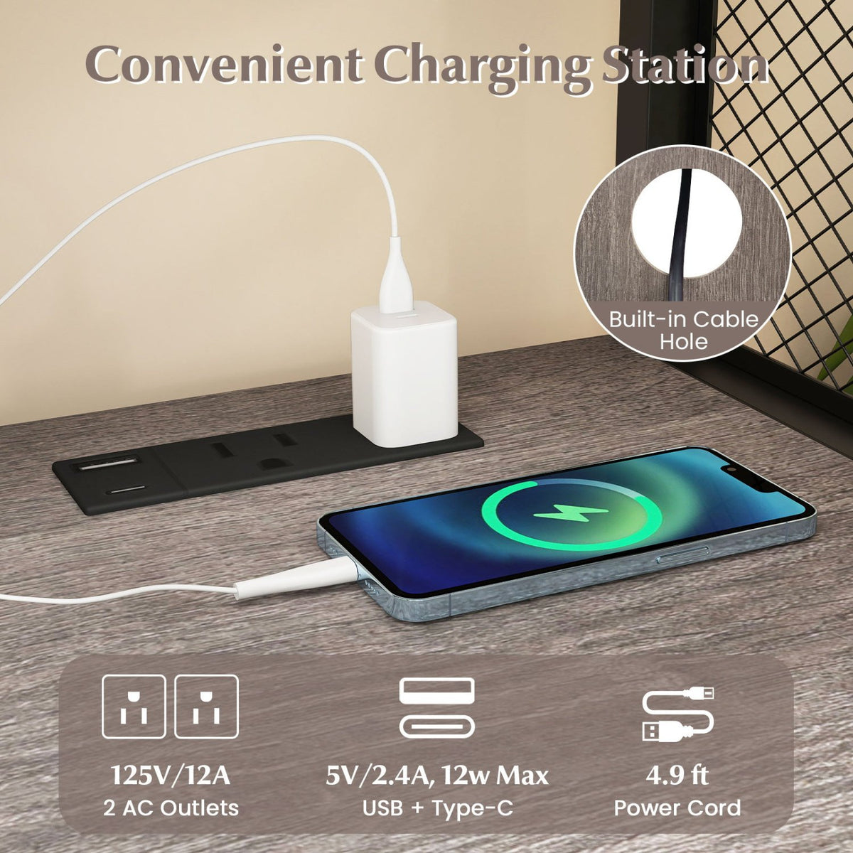 File Cabinet on Wheels with Charging Station and Cable Management Hole-Gray view 7