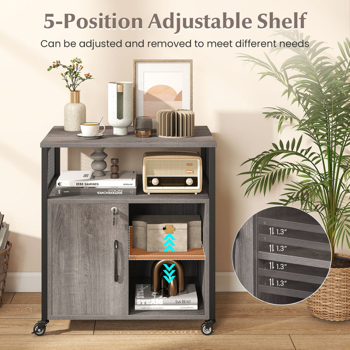 File Cabinet on Wheels with Charging Station and Cable Management Hole-Gray view 8