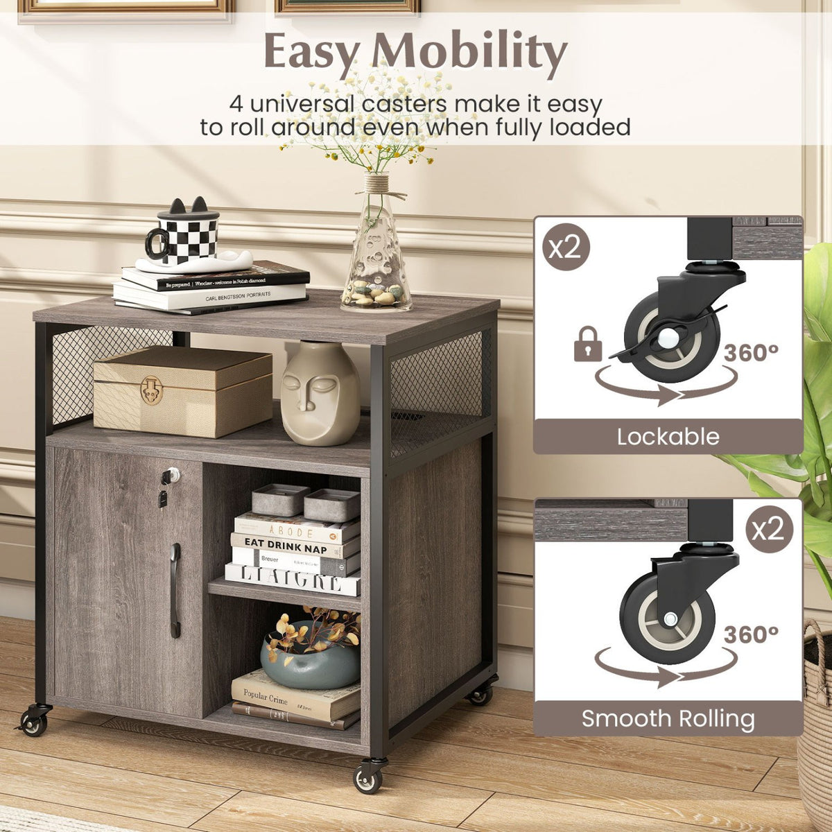 File Cabinet on Wheels with Charging Station and Cable Management Hole-Gray view 9